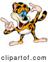 Critter Clipart of a Cute Goofy Leopard Bending Forward and Pointing to the Left with Both Hands by Dero