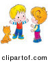 Critter Clipart of a Cute Kitty Cat Seated by a Little Boy Talking to a Girl by Alex Bannykh