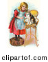 Critter Clipart of a Cute Little Blond Victorian Girl Trying to Train Her Cat to Listen to Her Commands, Teaching Kitty to Sit on a Stool by OldPixels