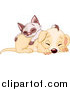 Critter Clipart of a Cute Puppy Dog Sleeping with a Siamese Kitten on His Back by Pushkin