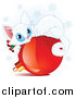 Critter Clipart of a Cute White Christmas Kitten Curled up on a Red Ornament by Pushkin