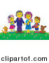 Critter Clipart of a Family and Their Pets on a Hill with Flowers by Alex Bannykh