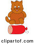 Critter Clipart of a Fat Brown Cat Sitting in Front of a Roll of Sausage by Alex Bannykh