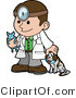 Critter Clipart of a Friendly Caucasian Male Veterinarian Petting a Dog and Holding a Cat During a Yearly Exam by AtStockIllustration