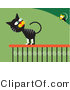 Critter Clipart of a Frisky Black and Gray Cat on a Porch Railing, Looking over His Shoulder at a Mouse on a Bush by