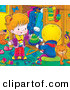 Critter Clipart of a Grooming Orange Kitty Cat in a Room with a Little Boy in Girl As They Go Through Their Winter Clothes by Alex Bannykh