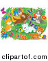 Critter Clipart of a Group of Many Happy Kittens Playing with a Toy Fish and Chasing Butterflies Outdoors in a Flower Garden by Alex Bannykh