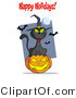 Critter Clipart of a Happy Holidays Greeting over a Black Cat and Pumpkin by Hit Toon