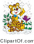 Critter Clipart of a Happy Purple Bird in the Snow, Wearing a Santa Hat, Perched on a Tree by a Tiger Who Is Writing a Dear Santa Letter for Christmas by Alex Bannykh