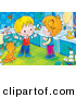 Critter Clipart of a Happy White Boy Talking with His Sister While Standing by a Cat Kin a Bathroom by Alex Bannykh