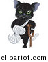 Critter Clipart of a Hurt Green Eyed Black Cat with a Bandaged Foot, Tail and Arm, Using a Crutch by BNP Design Studio