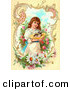 Critter Clipart of a Little Victorian Girl Painting Gently Carrying a Calico Kitten in a Hat Through a Rose Garden, Framed by Scrolls and Daisies by OldPixels