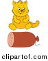 Critter Clipart of a Pudgy Yellow Cat Sitting in Front of a Roll of Sausage by Alex Bannykh