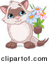 Critter Clipart of a Romantic Kitten Holding up Flowers by Pushkin