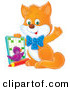 Critter Clipart of a Smart Orange Kitten and Purple Bird, Waving at the Viewer and Holding up an Activity Book by Alex Bannykh