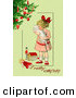 Critter Clipart of a Vintage Painting of a Little Victorian Girl Hugging Her White Cat and Standing by Toys near a Christmas Tree, on a Green Background with Greeting Text by OldPixels