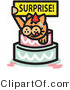Critter Clipart of an Orange Birthday Cat Holding a Surprise Sign and Popping out of a Birthday Cake by Andy Nortnik
