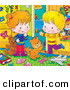 Critter Clipart of an Orange Kitty Cat Playing with a Happy Boy and Girl in a Messy Bedroom by Alex Bannykh