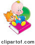 Critter Clipart of an Orange Kitty Looking at a Baby Sitting on a Book and Holding a Blue Gem by Alex Bannykh