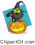 Vector Critter Clipart of a Black Cat Sitting Inside of a Halloween Pumpkin and Wearing with Hat, over a Turquoise Diamond by Hit Toon