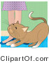 Vector Critter Clipart of a Brown Cat Rubbing Against a Lady's Legs - Royalty Free by Maria Bell