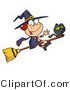 Vector Kitty Clipart of a Cute Witch and Black Cat on a Broomstick - Royalty Free by Hit Toon